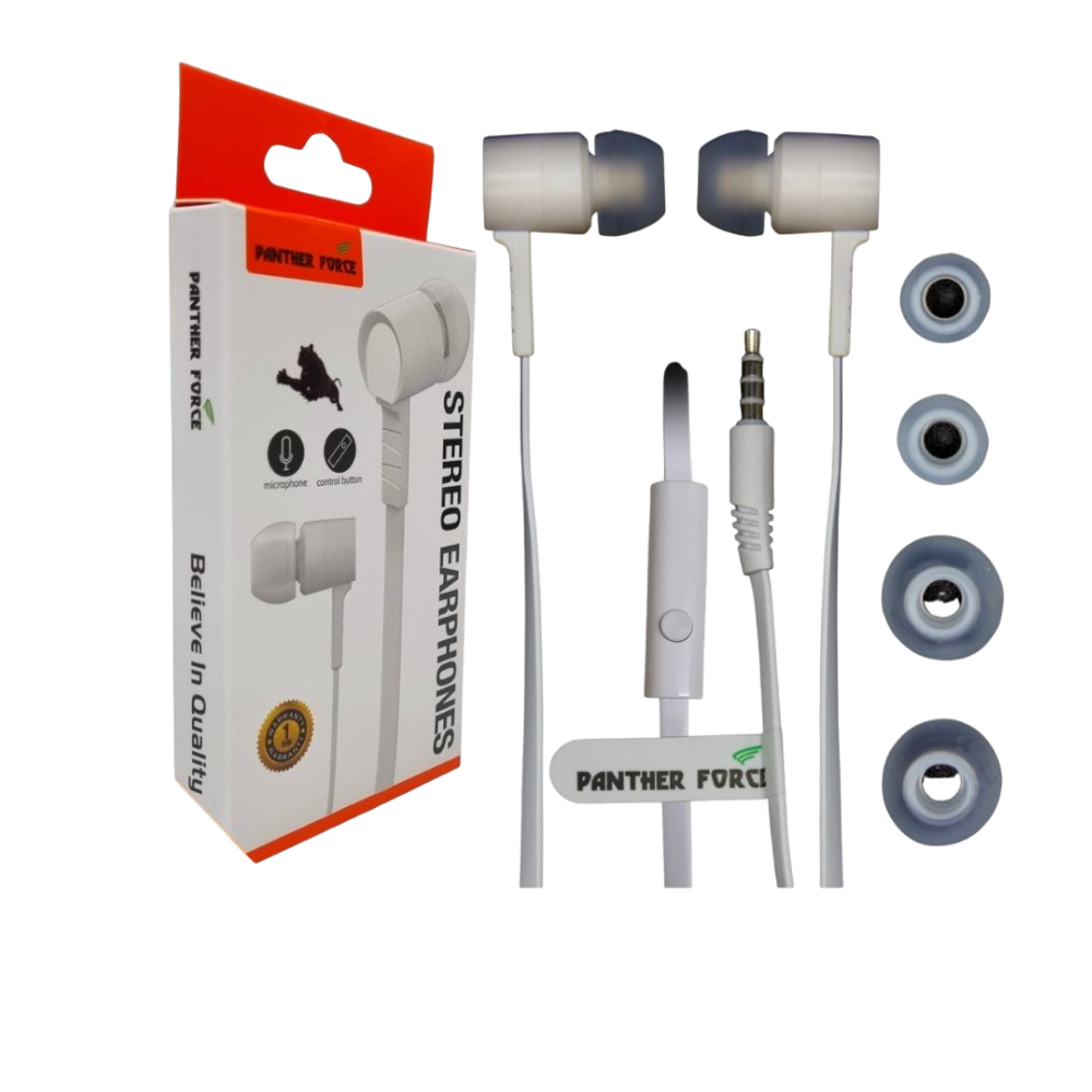 Panther Force In-Ear Hands-Free Headphones - PF89 | Built-In Mic, Clear Audio, Ergonomic Fit, Tangle-Free Durable Cable, Universal Compatibility, Sleek White Design Panther Force In-Ear Hands-Free Headphones - PF89 | Built-In Mic, Clear Audio, Ergonomic Fit, Tangle-Free Durable Cable, Universal Compatibility, Sleek White Design